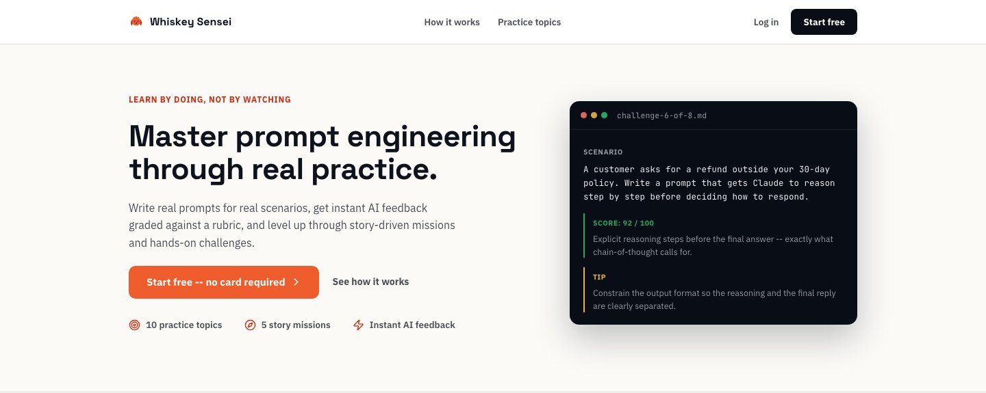 Whiskey Sensei official website with a prompt challenge and AI feedback